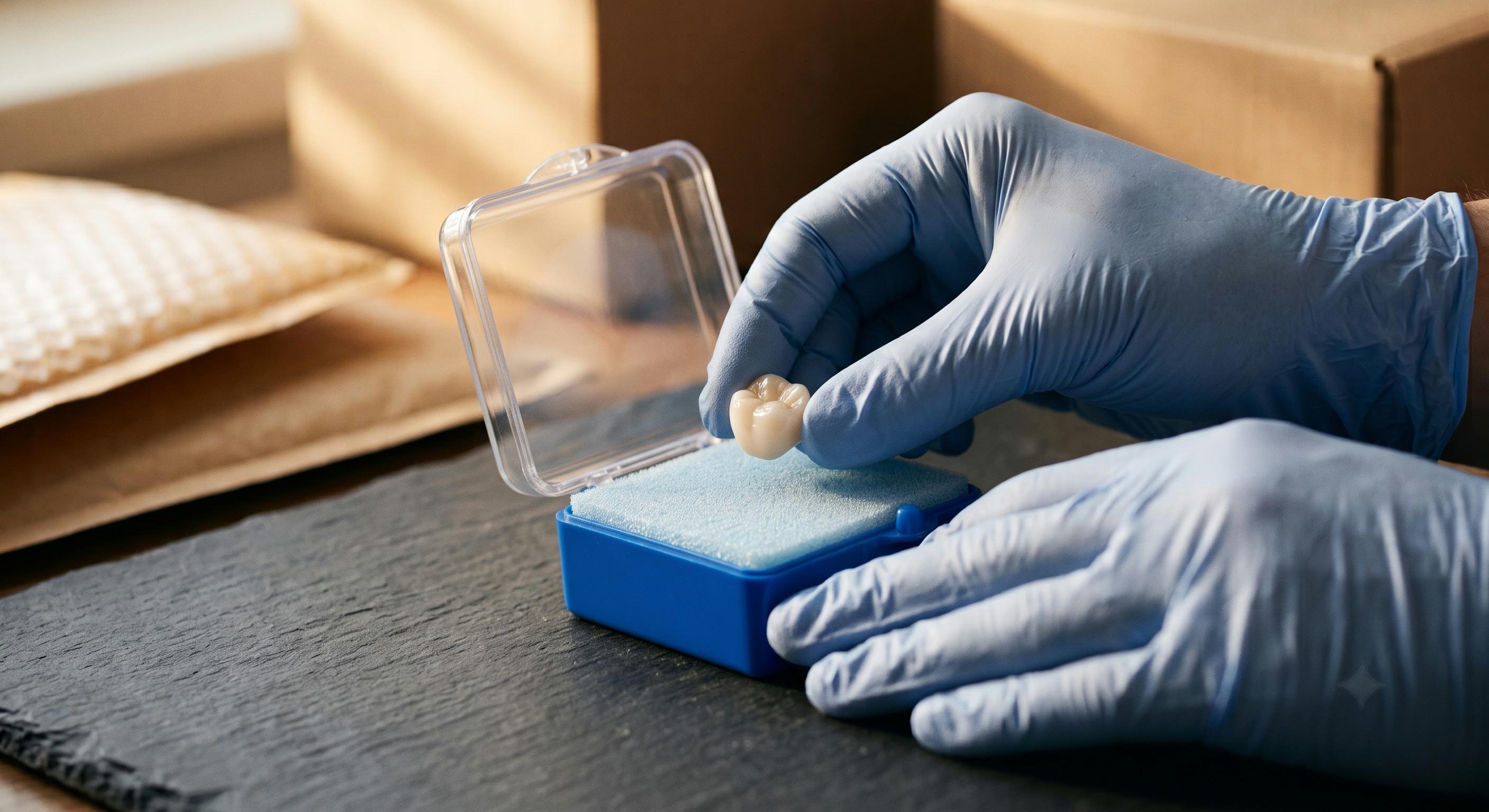 A finished crown being placed into a protective case